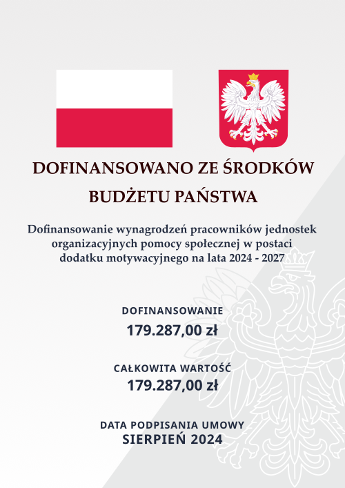 Plansza informacyjna - flaga, herb nazwa programu oraz źródło finansowania wraz z kwotami zgodnie z artykułem.
