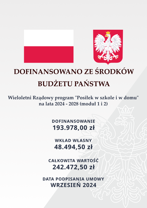 Plansza informacyjna - flaga, herb nazwa programu oraz źródło finansowania wraz z kwotami zgodnie z artykułem.