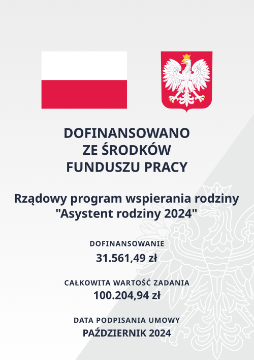 Plansza informacyjna - flaga, herb nazwa programu oraz źródło finansowania wraz z kwotami zgodnie z artykułem.