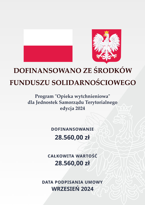 Plansza informacyjna - flaga, herb nazwa programu oraz źródło finansowania wraz z kwotami zgodnie z artykułem.
