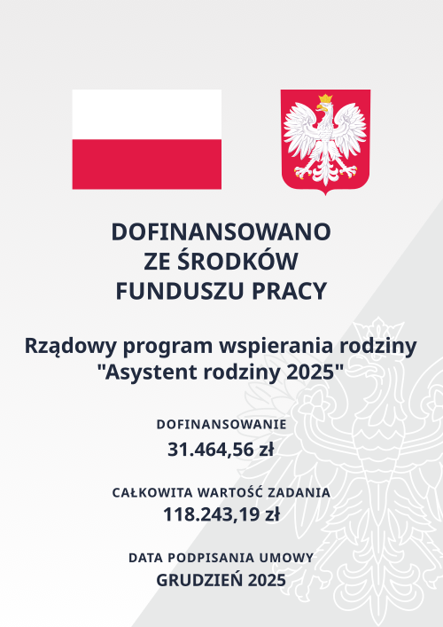 Plakat informacyjny, flaga, godło, nazwa programu oraz&nbsp;kwoty dofinansowania.